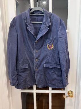 Vintage Polo Ralph Lauren Navy Cotton Crest Blazer Jacket Made USA Size L